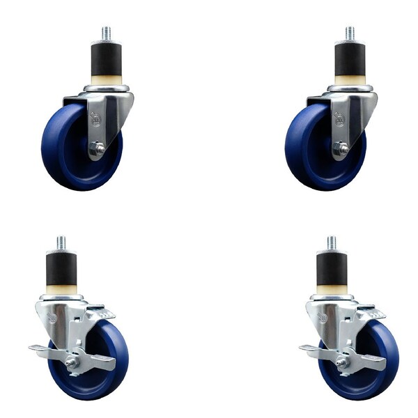 4'' Solid Poly Wheel Swivel 1-7/8'' Expanding Stem Caster Set 2 Brakes, 4PK